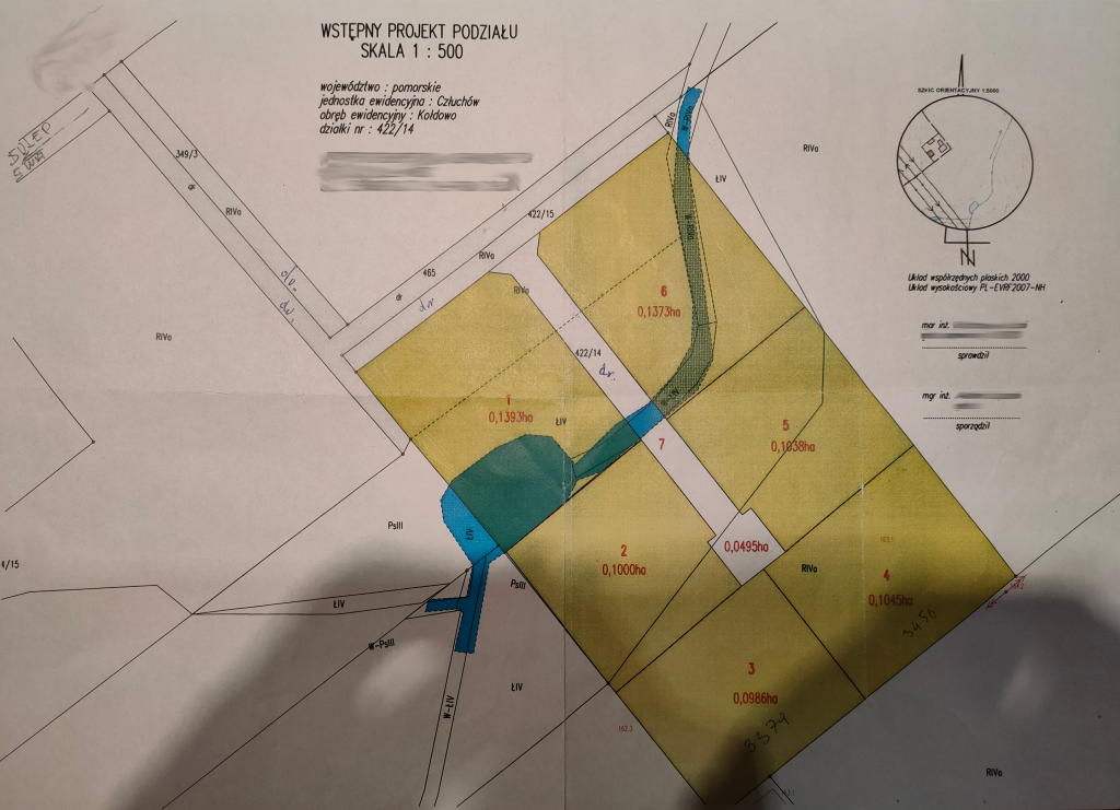 Mapa projektu podziału na 6 działek dla klientów indywidualnych.